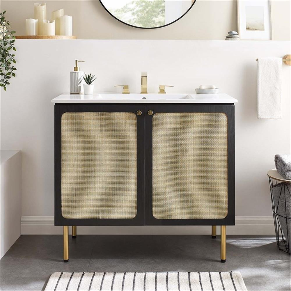 Modway Chaucer 36″ Wood & Rattan Bathroom Vanity in Black/White