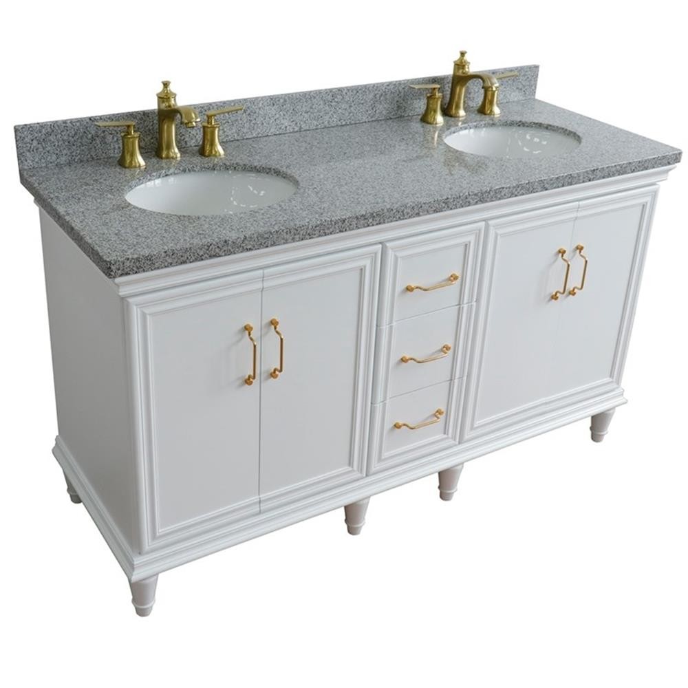 61 in. Double Wooden Vanity White Gray Granite Oval Sink