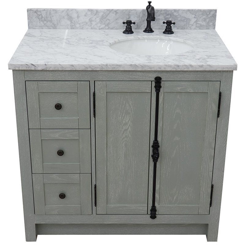 Plantation Solid Wood Vanity with Right Oval Sink in White/Gray Ash