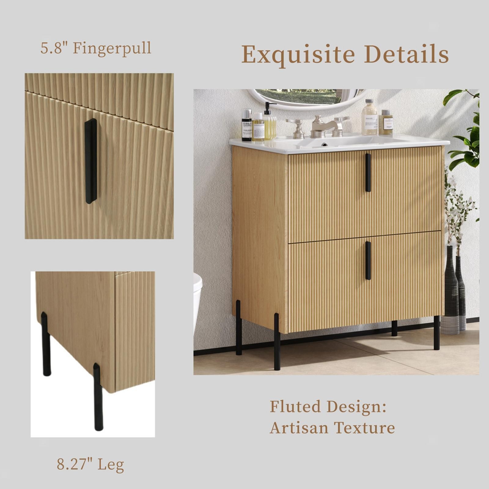 Bathroom Vanity Cabinet Ceramic Sink Drawers Fluted Details Soft Close Furniture