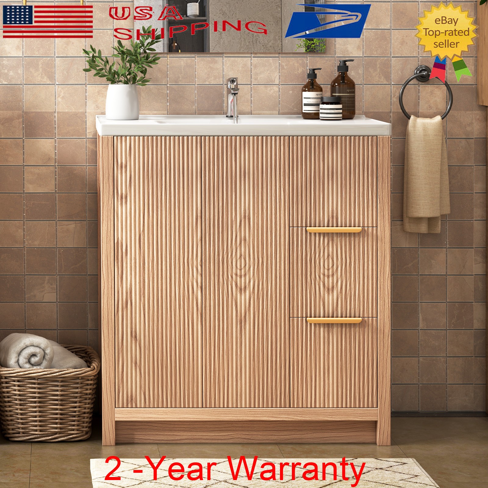 Wood Bathroom Vanity Cabinet w/ Ceramic Sink Storage Bathroom Cabinet w/ Drawer