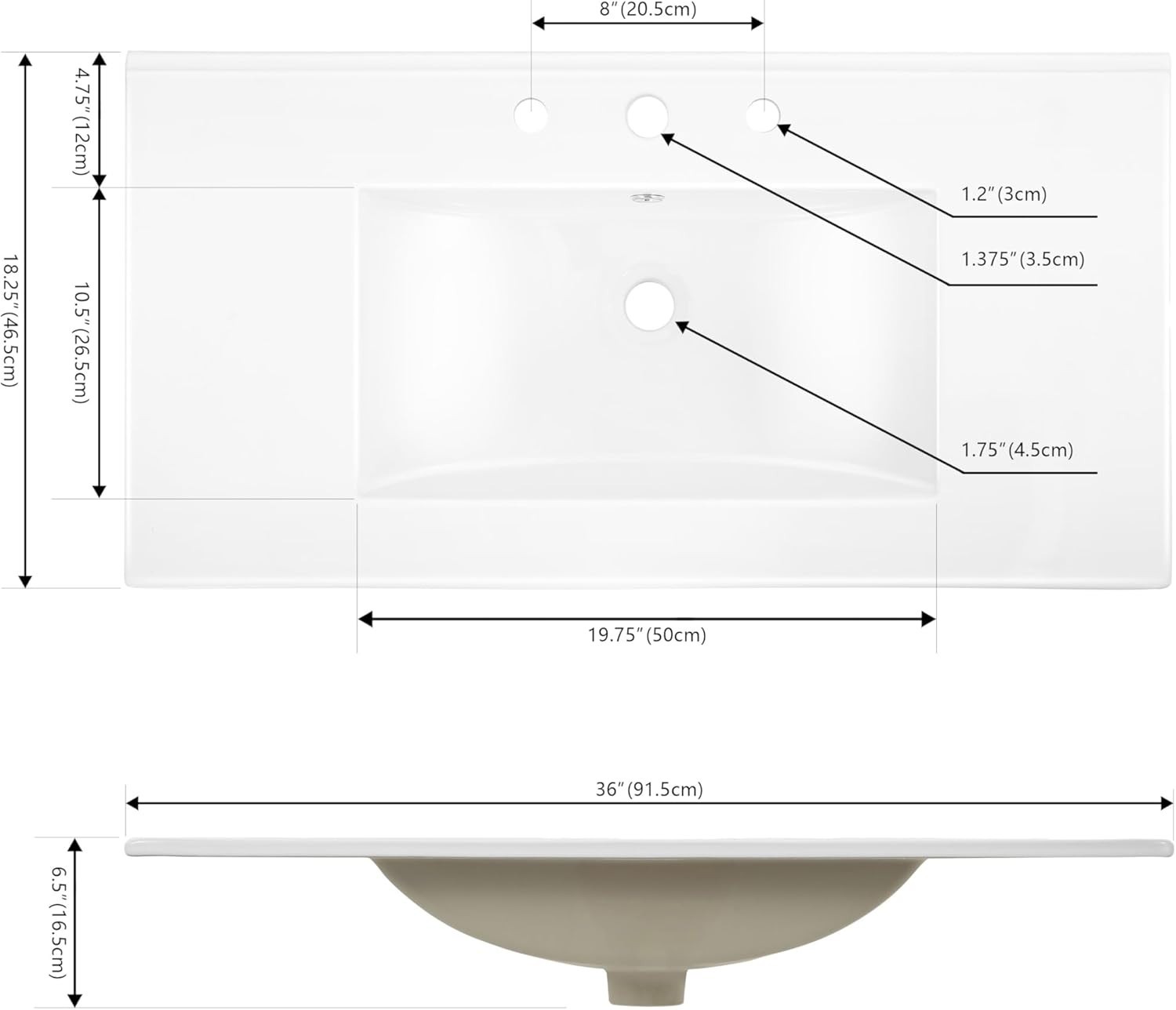 JONATHAN Y Ancillary 36 In. W X 18.25 In. D Ceramic Vanity Sink Top with 3-Hole