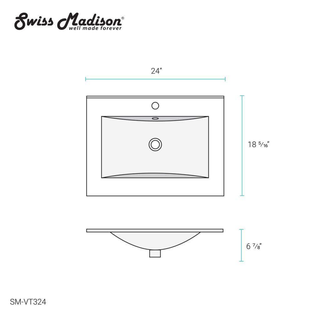 Swiss Madison Bathroom Vanity Top 24″ Pre-drilled Single Hole Ceramic White