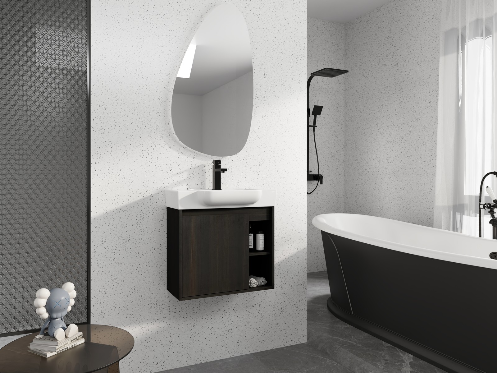 24″ Plywood Wall-Mounted Bathroom Vanity Cabinet W/ White Ceramic Sink Dark Oak
