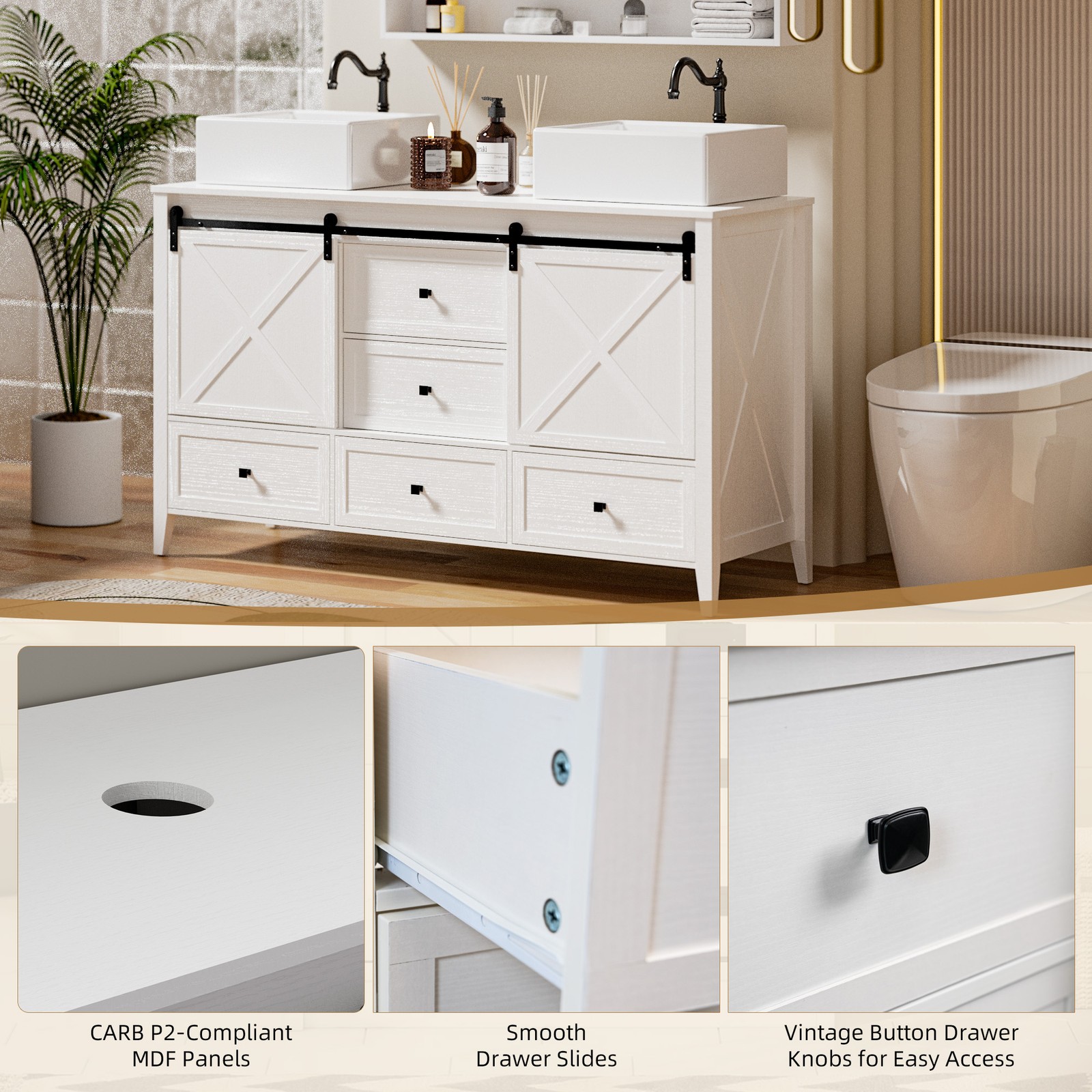 60″ Bathroom Vanity Combo Storage Cabinet FloorStanding w/Sink Set White Wood