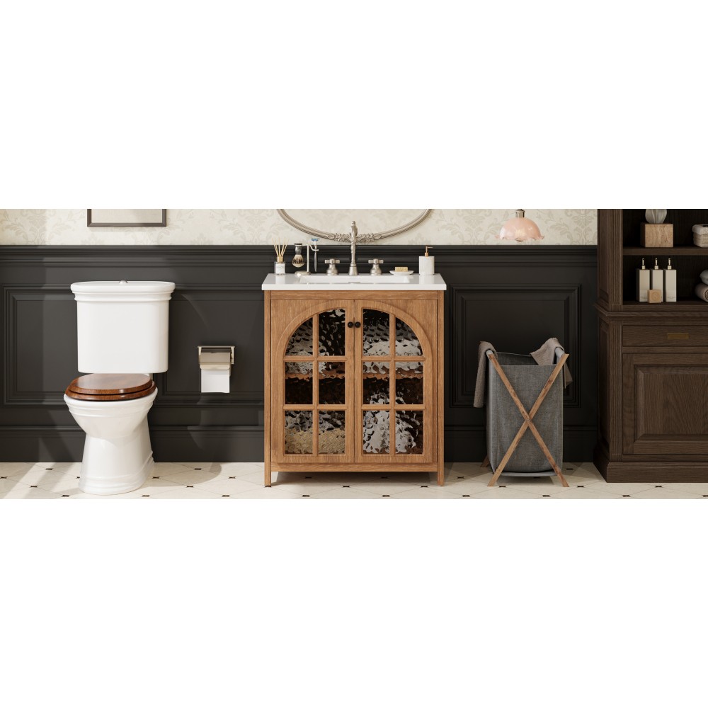 30 Inches Bathroom Vanity with Ceramic Sink, Vintage Rustic Bathroom Cabinet