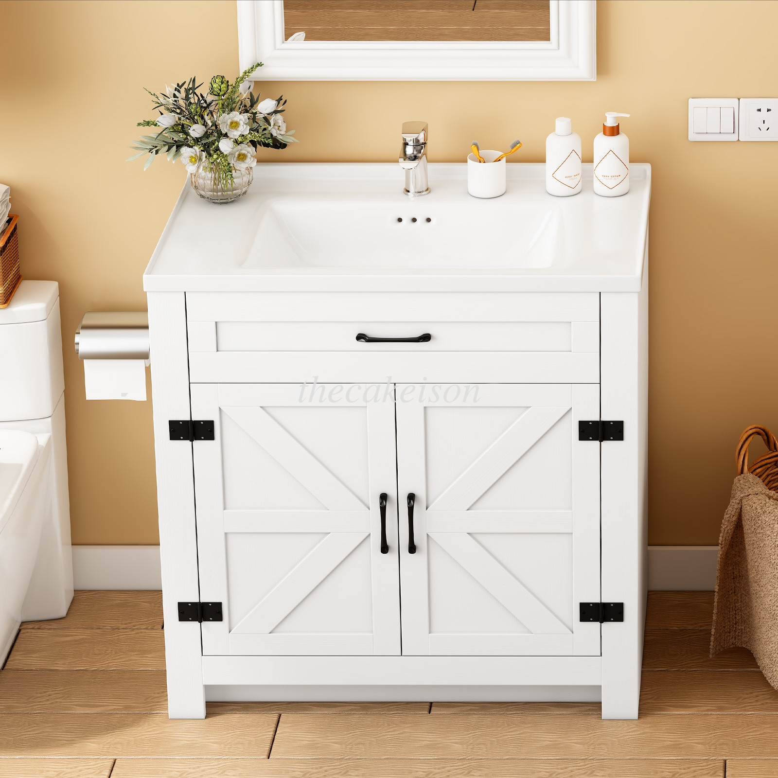 31″ Ceramic Sink Storage Bathroom Vanity Bathroom Cabinet Space with 2 Doors