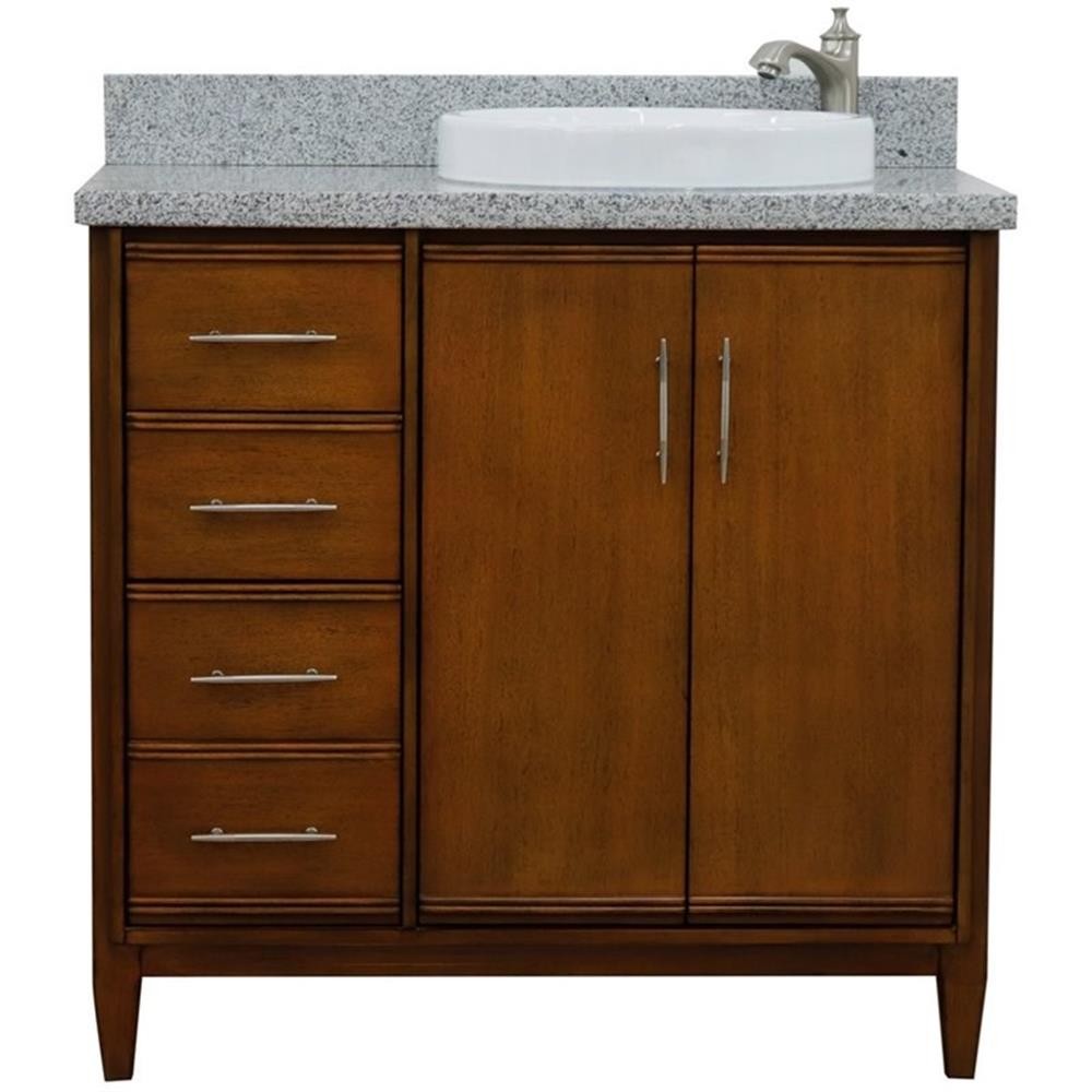 Pemberly Row 37″ Single Solid Wood Vanity with Right Round Sink in Walnut/Gray