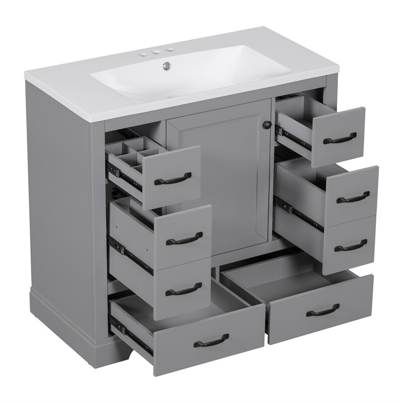 36 Inch Modern Bathroom Vanity with Sink Combo,Six Drawers,Adjustable Shelf,Grey