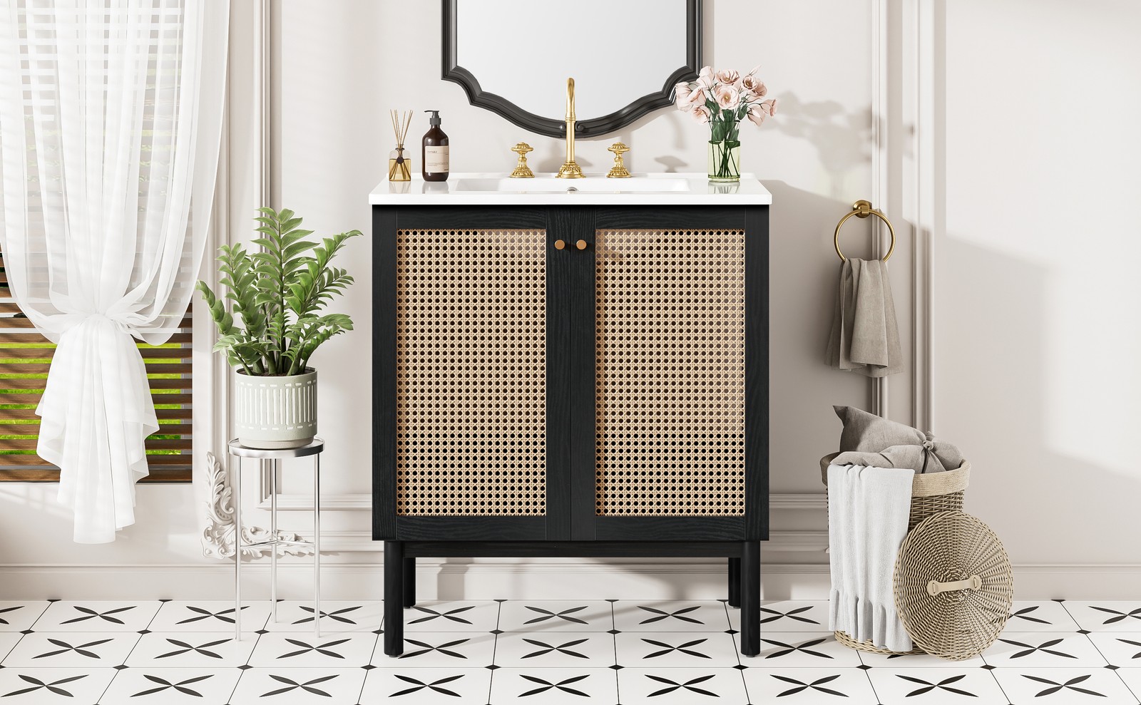 30-inch Bathroom Vanity w/Ceramic Sink Storage Cabinet w/Soft-Close Rattan Door