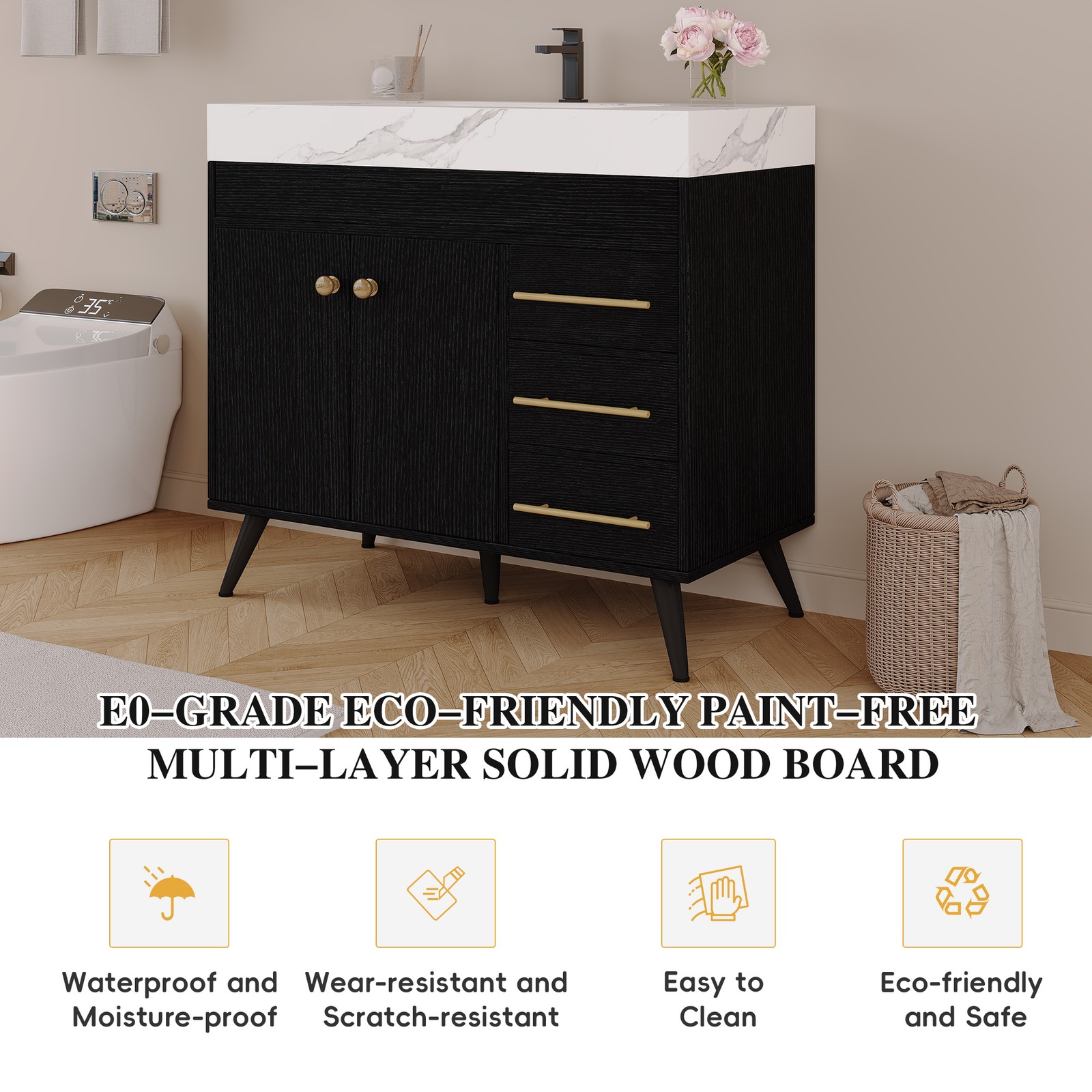 36″ Freestanding Bathroom Vanity with Ceramic Sink & Faux Marble Top