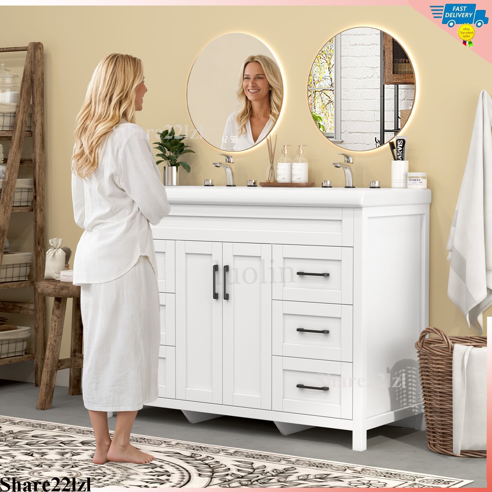 47″ Bathroom Vanity Set with Double Ceramic Sinks Artificial Marble Countertop