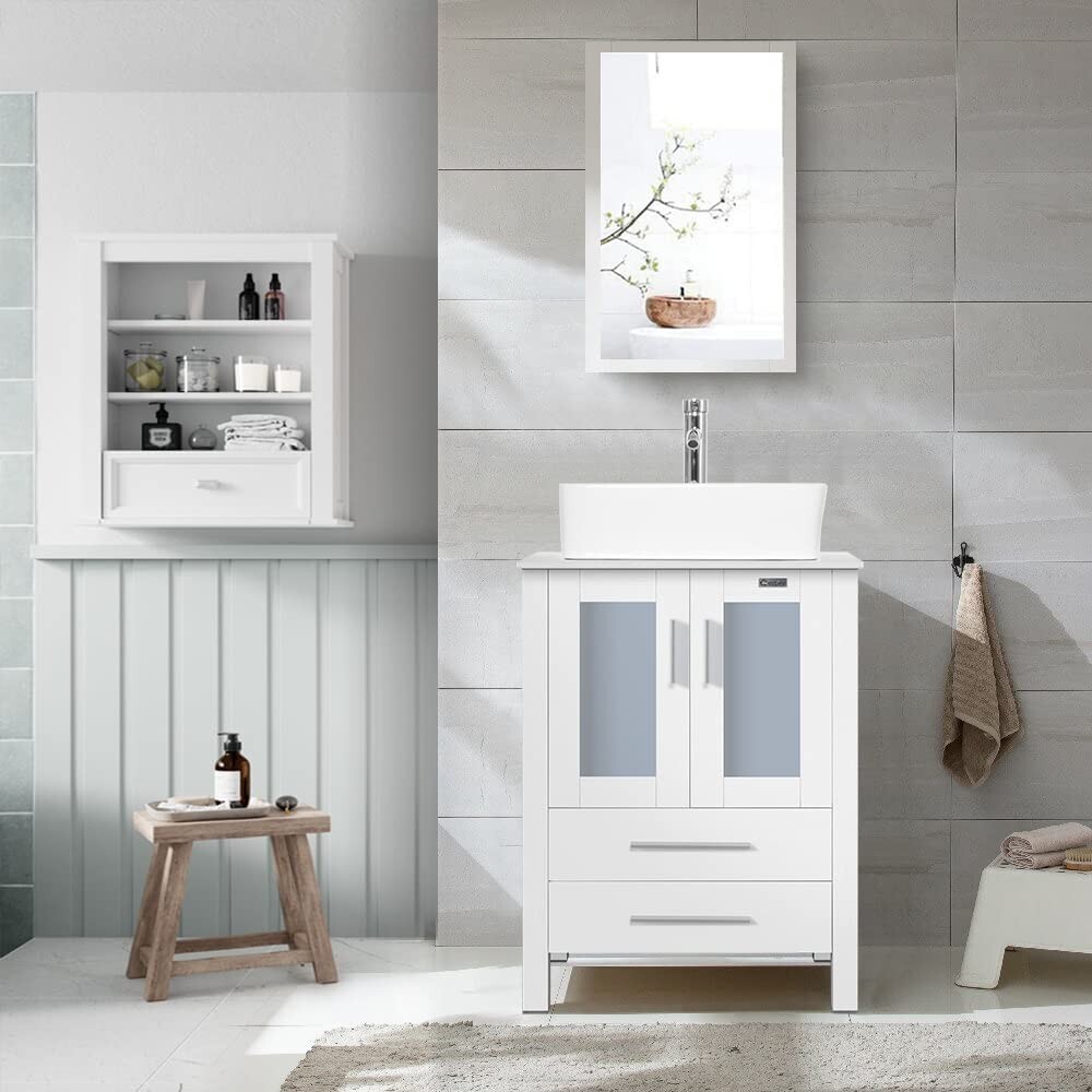 24 In White Bathroom Vanity Cabinet Set Vessel Glass Sink Faucet Combo No Mirror