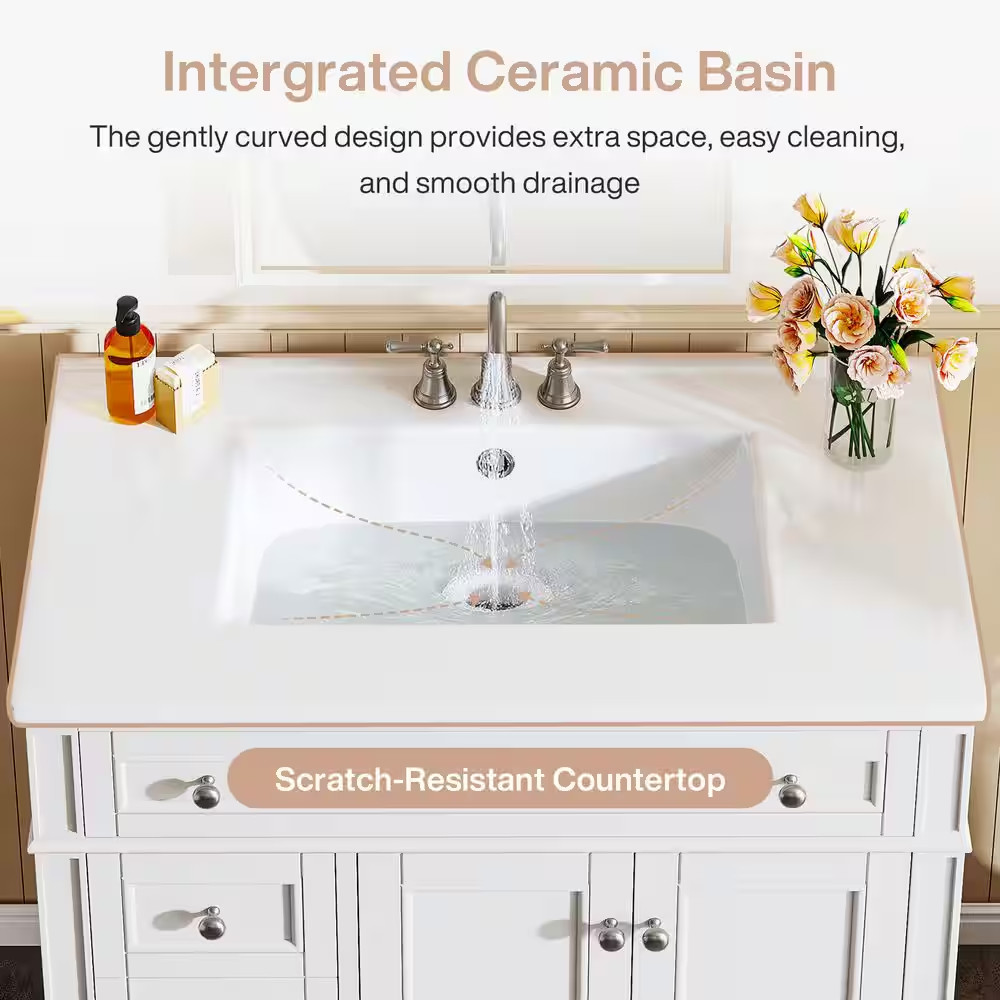 36 In. Single Sink Freestanding White Bath Vanity with White Ceramic Top Unassem