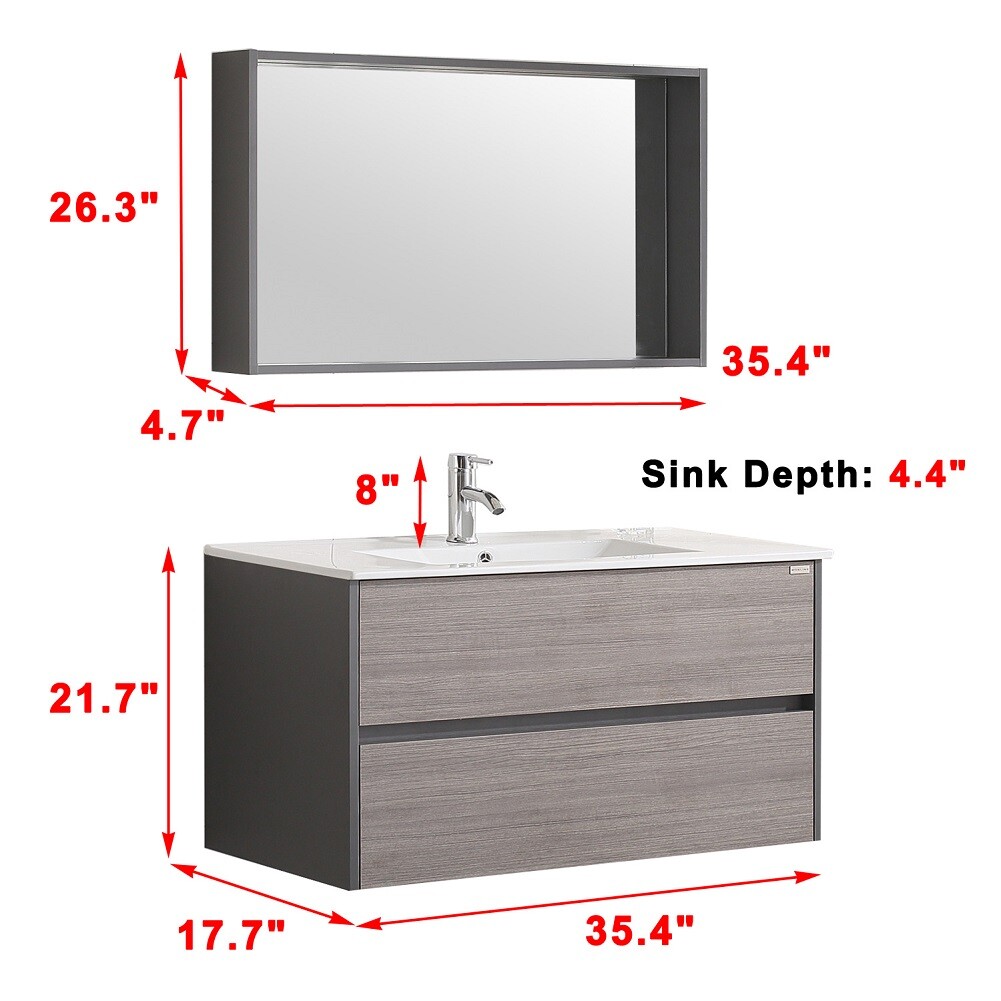 Wall-mount 36″ Bathroom Vanity Wood Cabinet w/ Resin Basin Sink & Mirror Combo