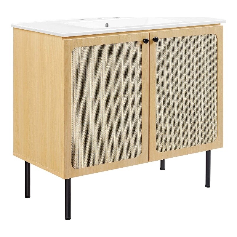 Modway Chaucer 36″ Wood & Rattan Bathroom Vanity in Oak/White