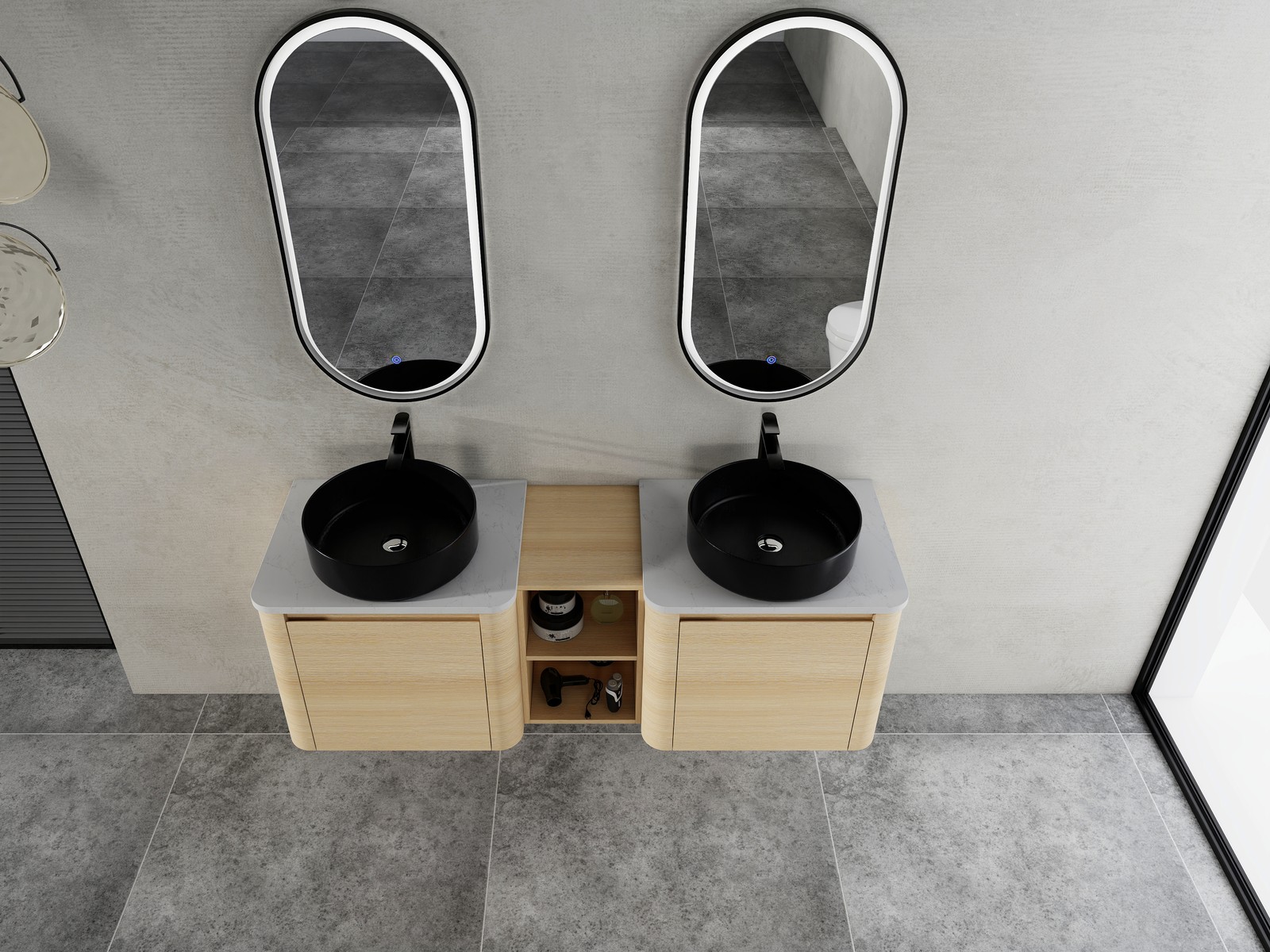 60 in Floating Bathroom Vanity Cabinet 2x Black Ceramic Sink Basin +Open Shelves