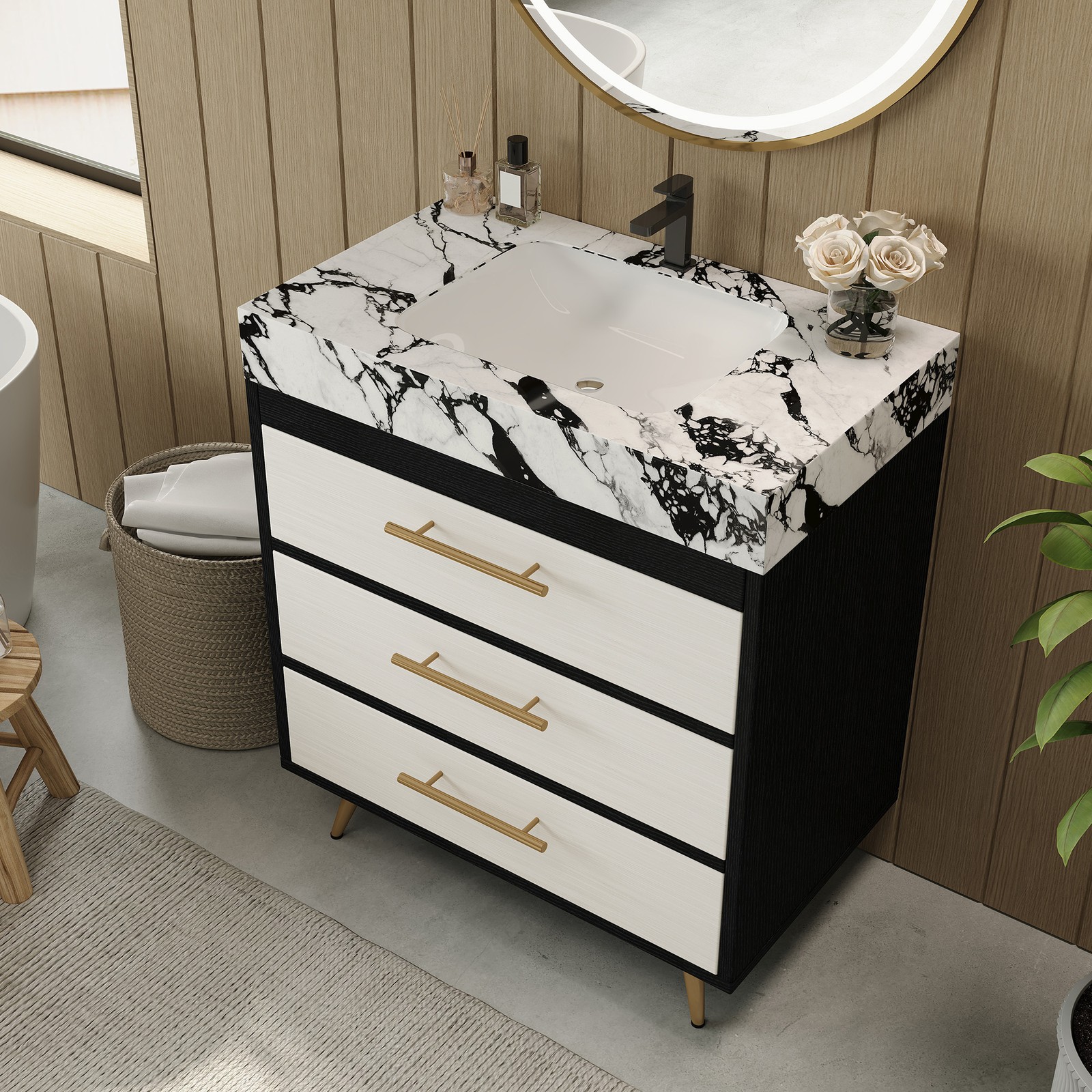 Modern Free-Standing Vanity with Sintered Stone Top & Ceramic Sink