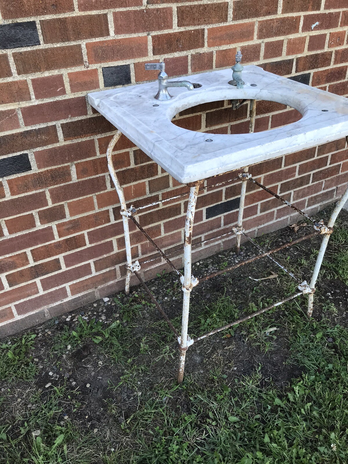 ANTIQUE VTG IRON VANITY WITH MARBLE TOP BATH SINK STAND 24 WIDE X 22 DEEP X 32”
