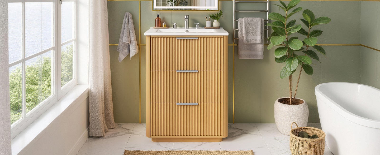 24 Inch Bathroom Vanity with Ceramic Sink, Natural Wood & Metal