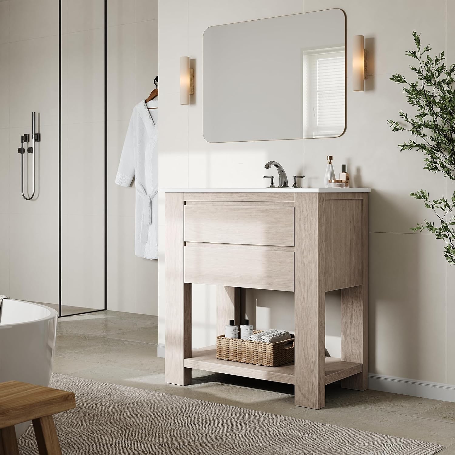 30″ Bathroom Vanity with Sink, White Oak Gray Bathroom Cabinet with 2-Drawer,