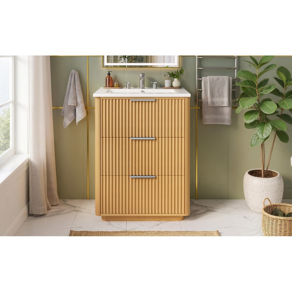24 inch Modern Luxury Bathroom Vanity with Ceramic Sink, Open Shelf and Storage