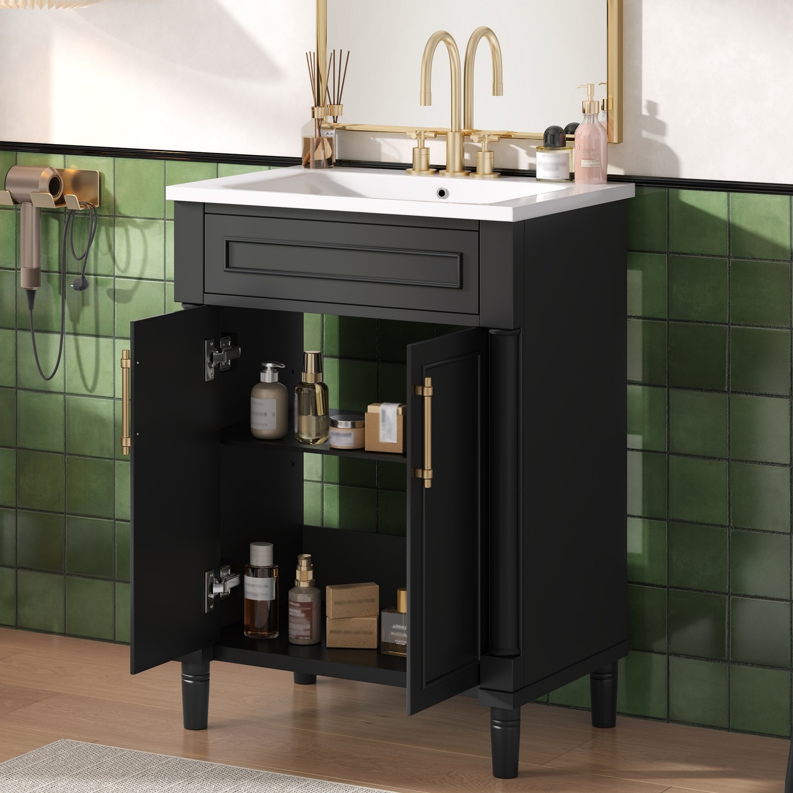 24″ Bathroom Vanity w/ Sink & 2 Doors, Black, 34.95″ H Solid Wood+MDF