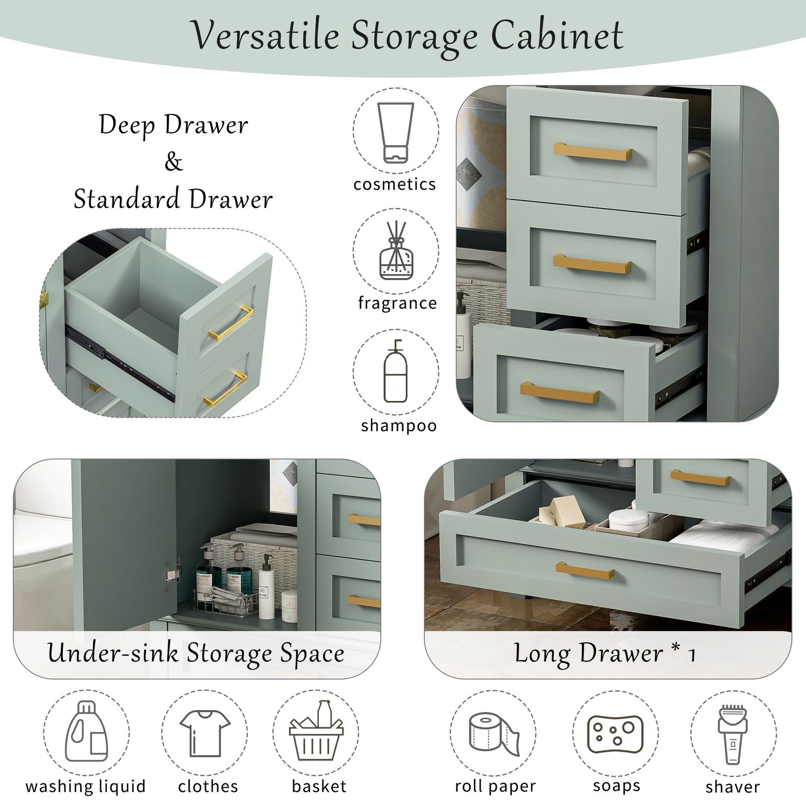 30″ Bathroom Vanity with Sink, Solid Wood Frame, Sage Green