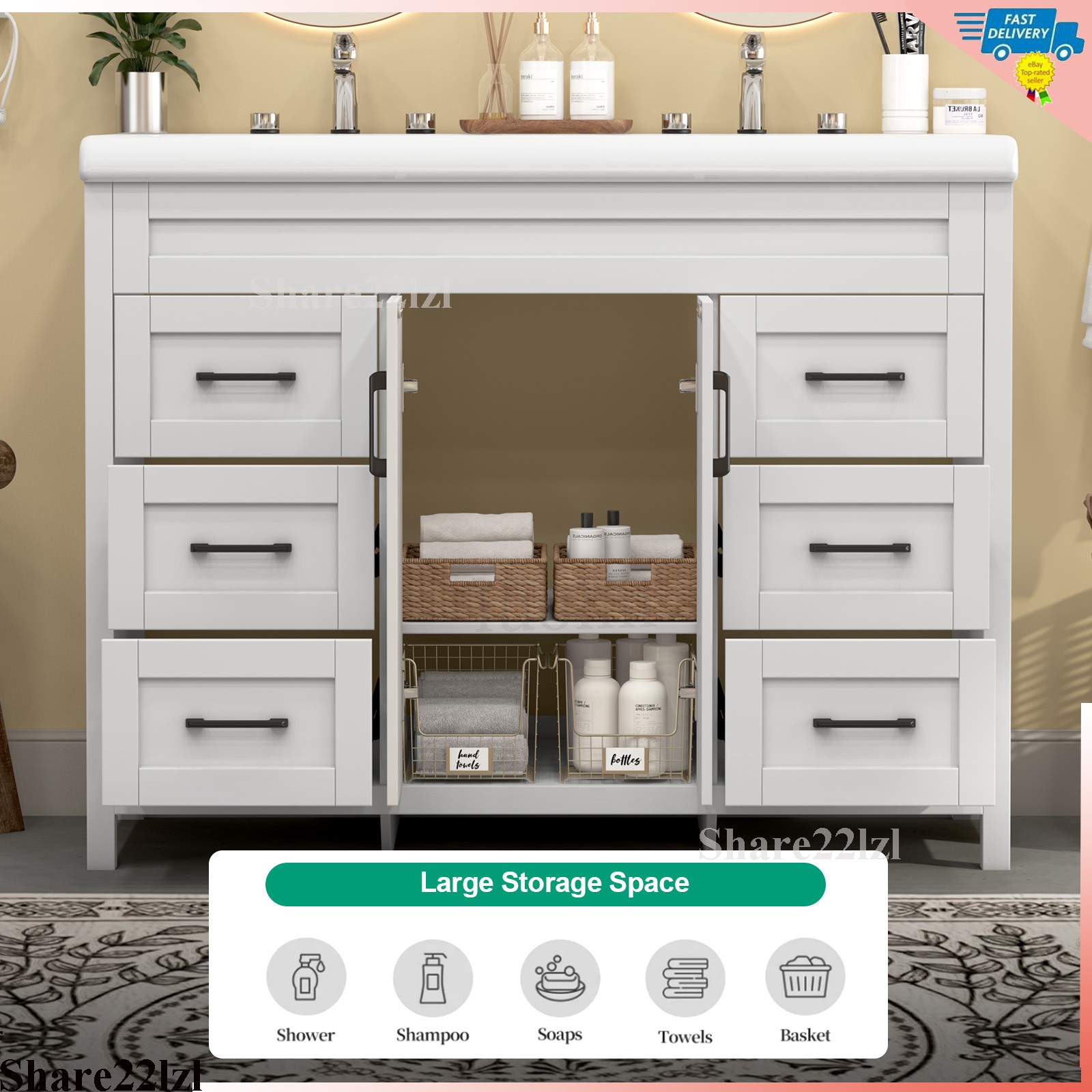 47″ Bathroom Vanity Set with Double Ceramic Sinks Artificial Marble Countertop
