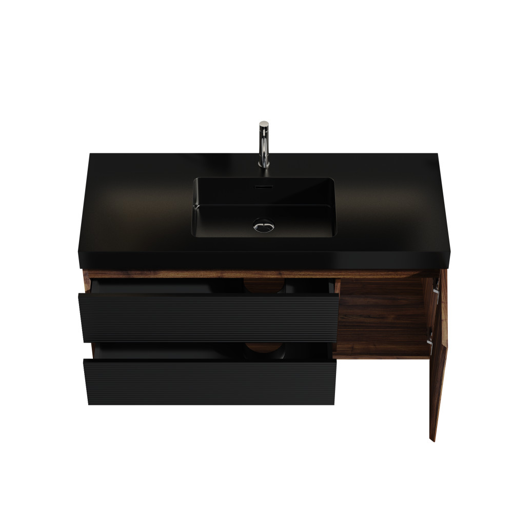 48″ Walnut Bathroom Vanity with Matt Black Engineered Quartz Sink and Soft Black