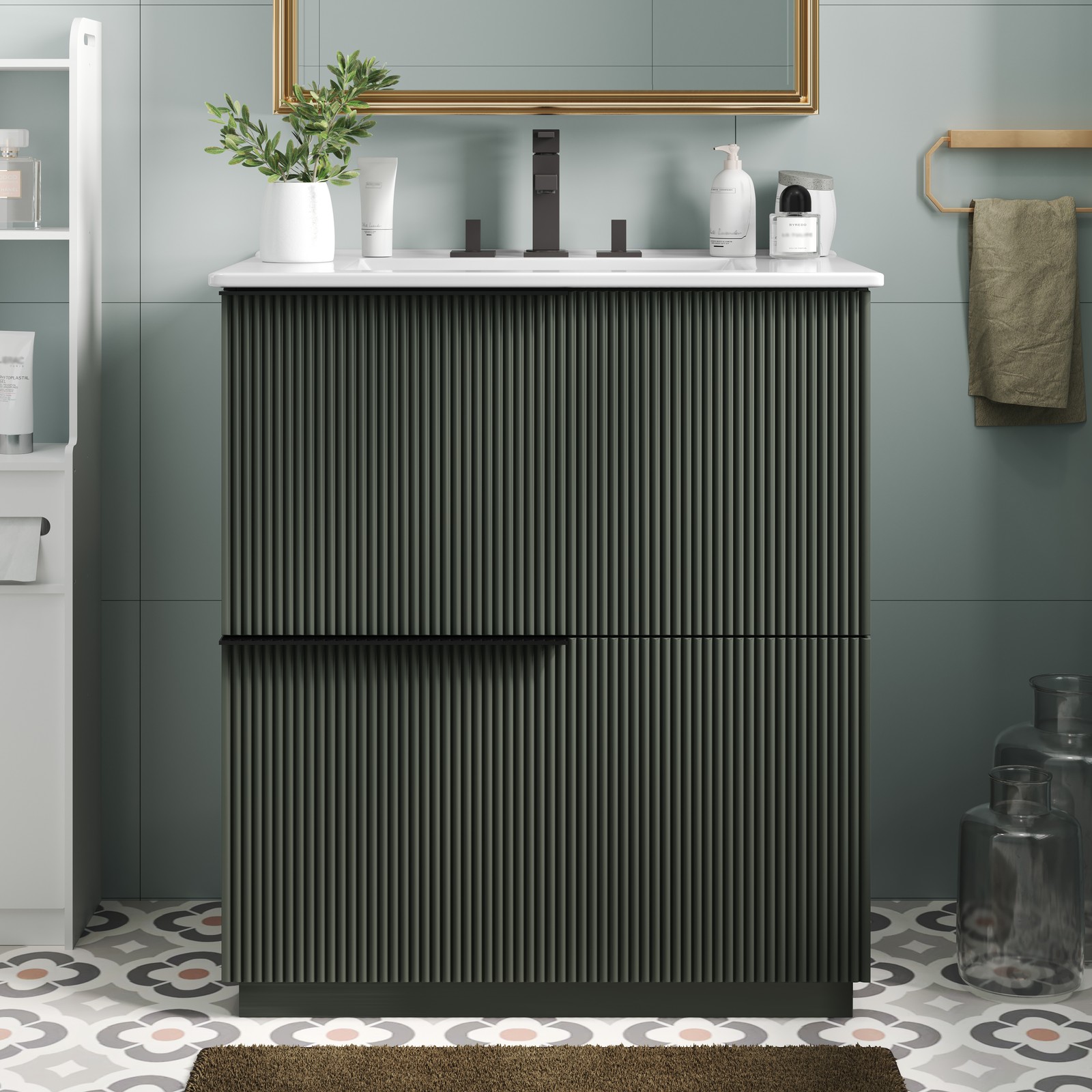 30″ Green Fluted Bathroom Vanity with Ceramic Sink & Soft Close