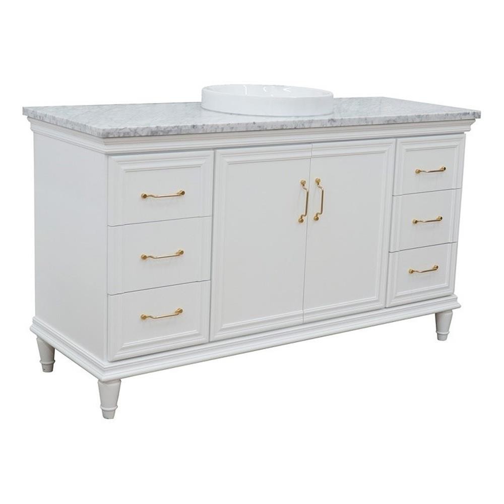 61 in. Single Wooden Vanity White with White Carrara Round Sink