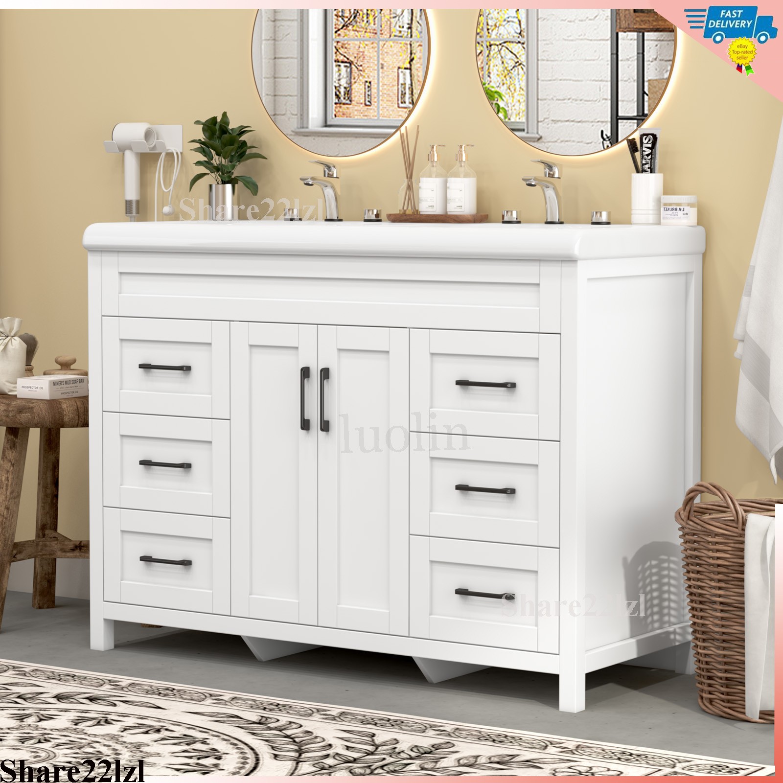 47″ Bathroom Vanity Set with Double Ceramic Sinks Artificial Marble Countertop