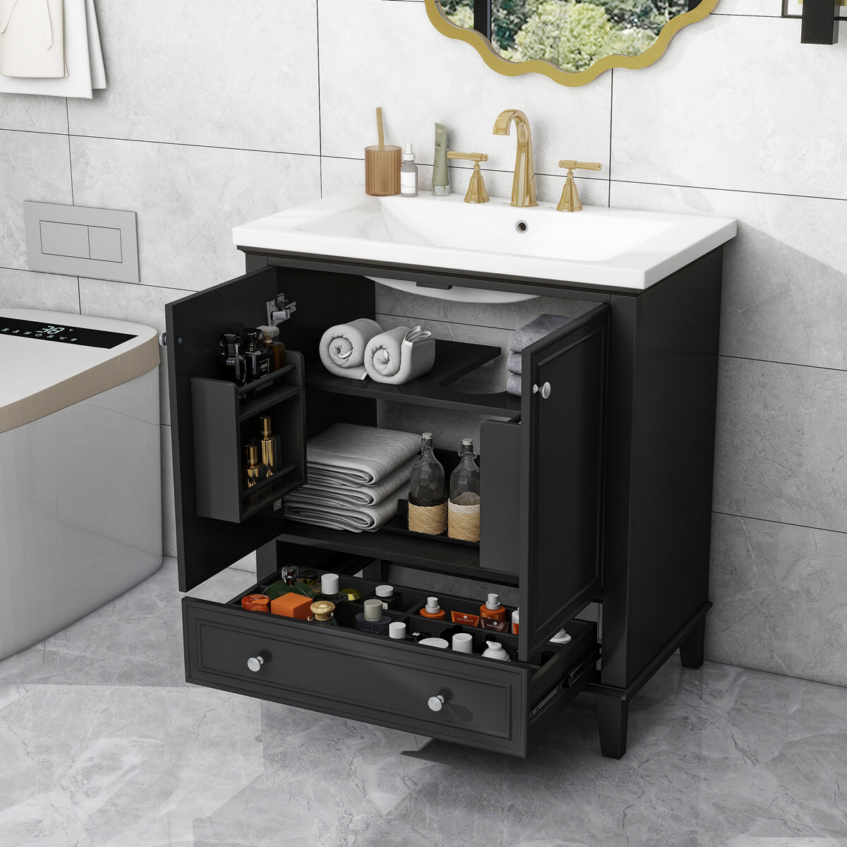 30″ Bathroom Vanity w/Sink, Drawer, 2 Doors, Freestanding Vanity Storage Cabinet