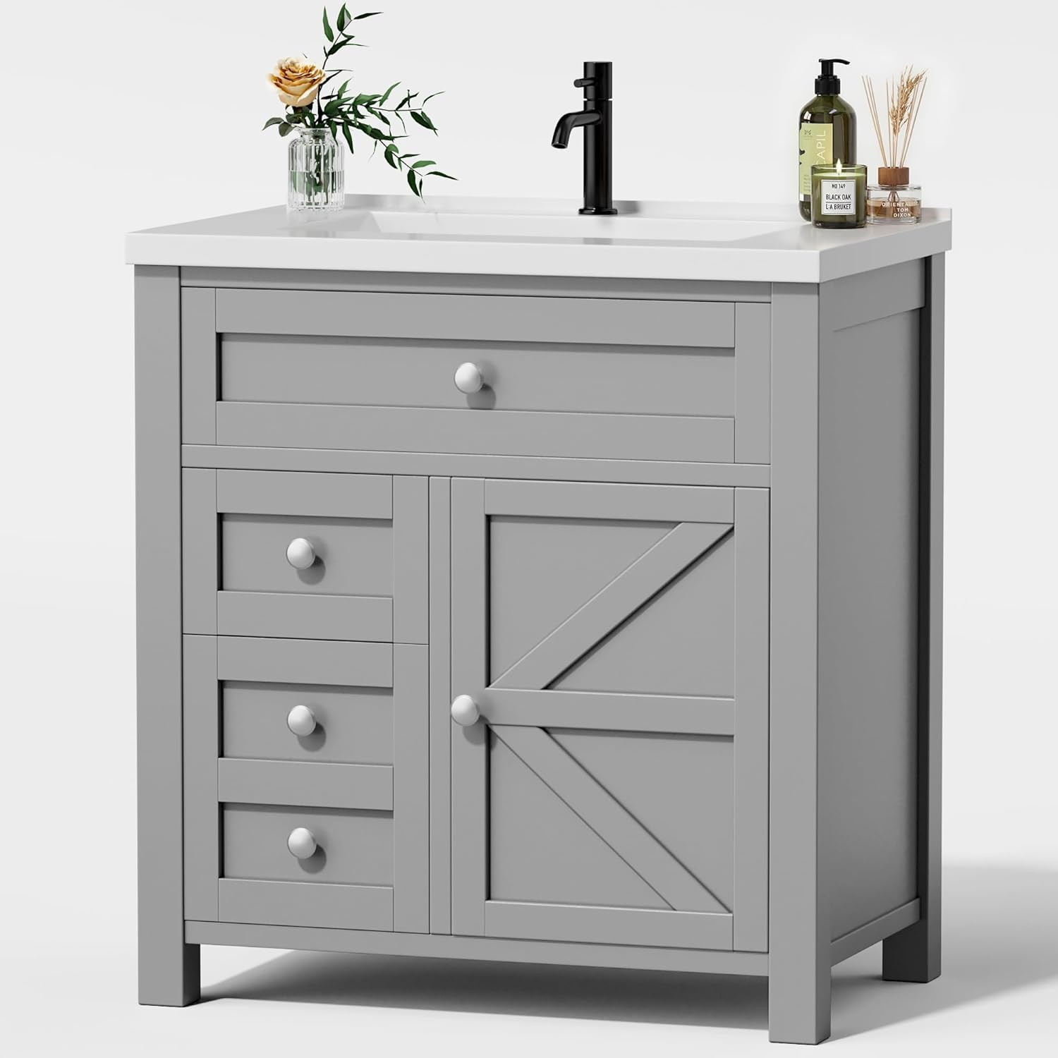 30” Grey Bathroom Vanity with Sink, Drawers & Metal Handles, Freestanding