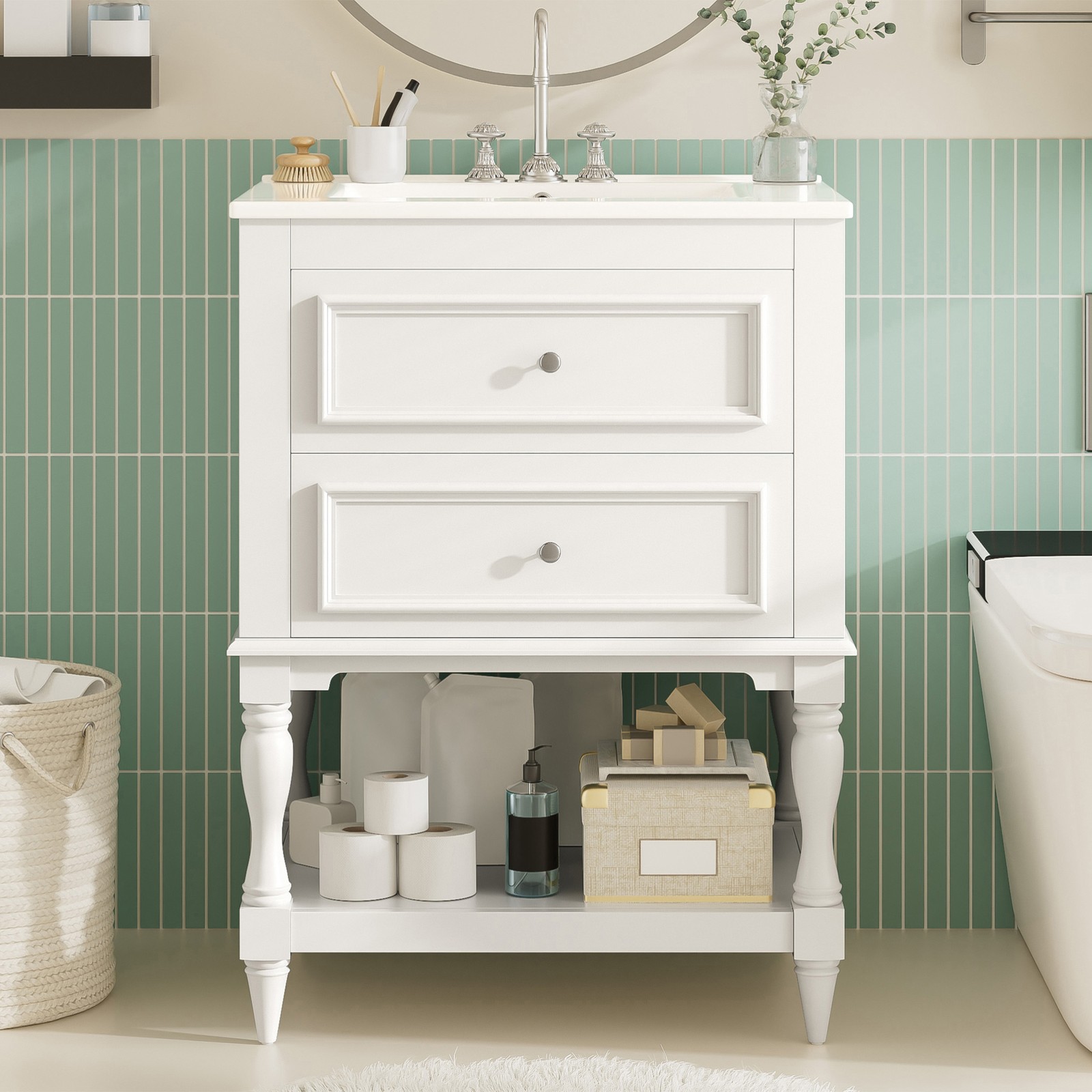 FUNIDEE 24″ Bathroom Vanity with Ceramic Sink Storage Cabinet with 2 Drawers