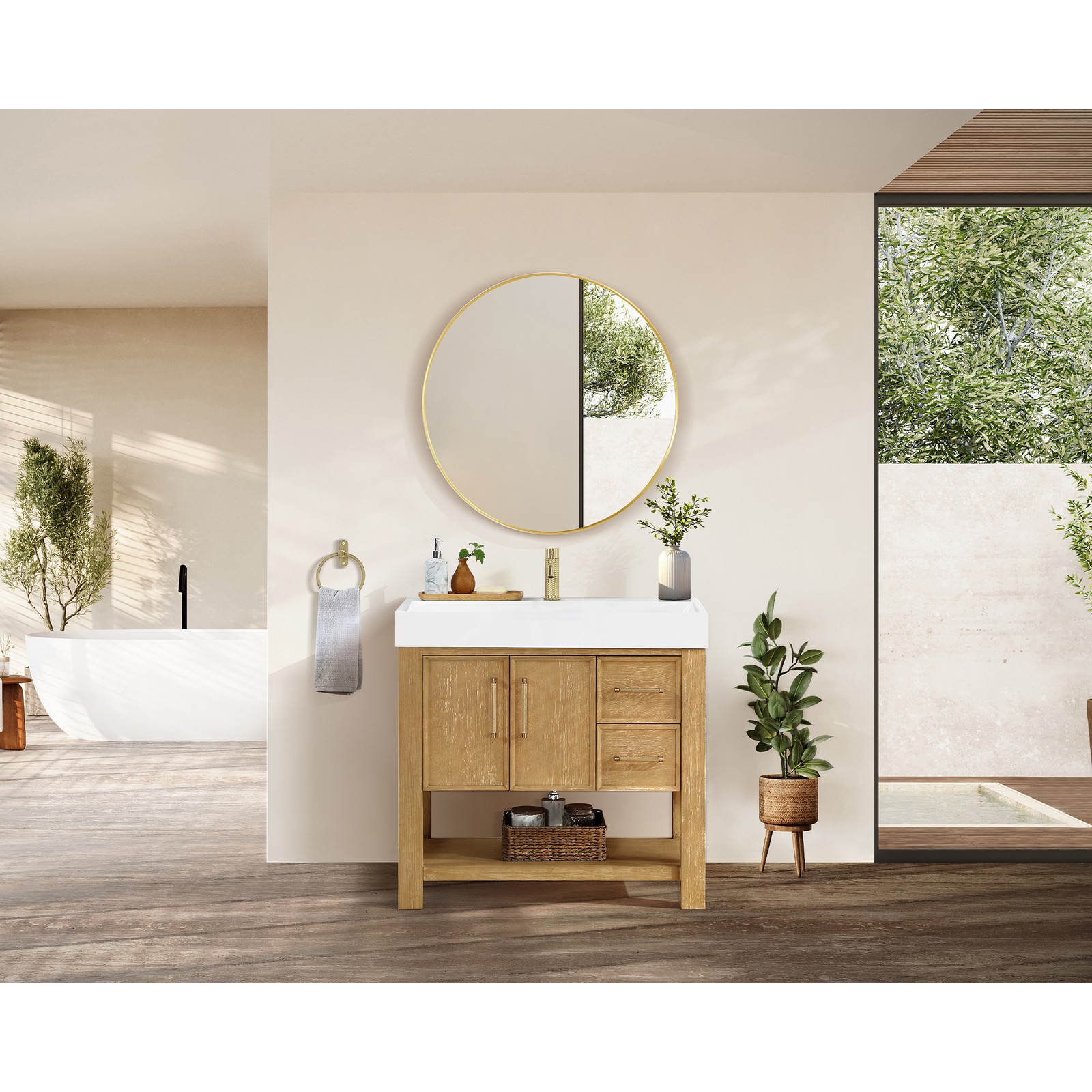 Vera 36″ Single Bath Vanity in Washed Ash Grey with White Integrated Stone Sink