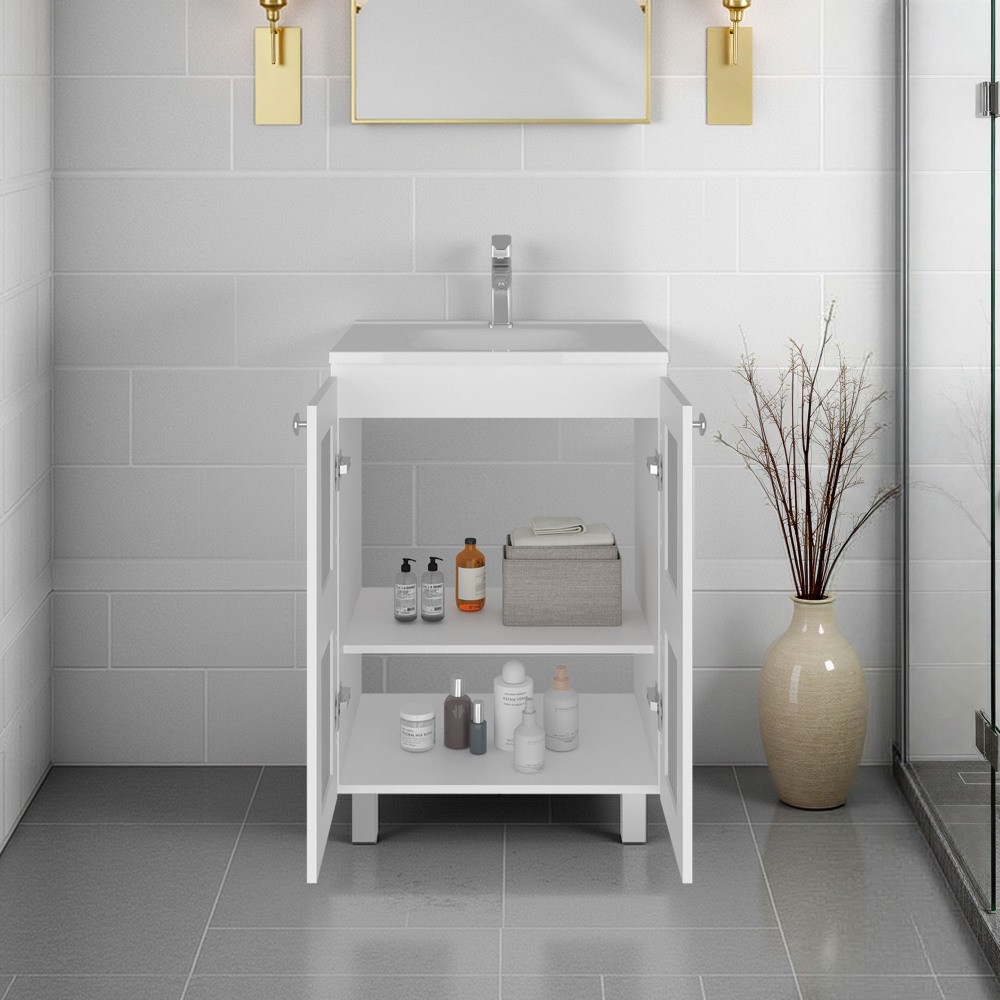 35″ White Bathroom Vanity w/ Resin Sink & Frosted Glass Doors