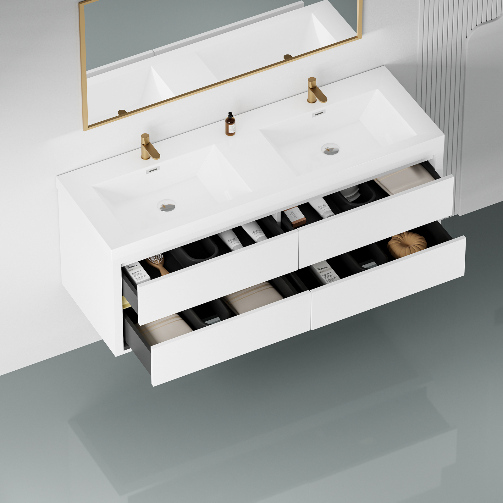 60″ Floating Wall-Mounted Bathroom Vanities Cabinet 4 Drawers+ Stone Resin Sink