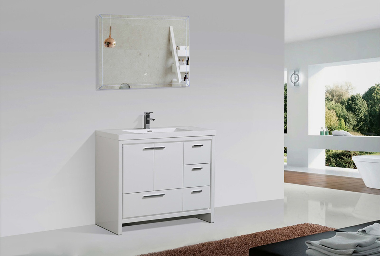 Alma Allier 42″ Natural Wood Finish With Integrated Sink / Right Side Drawers
