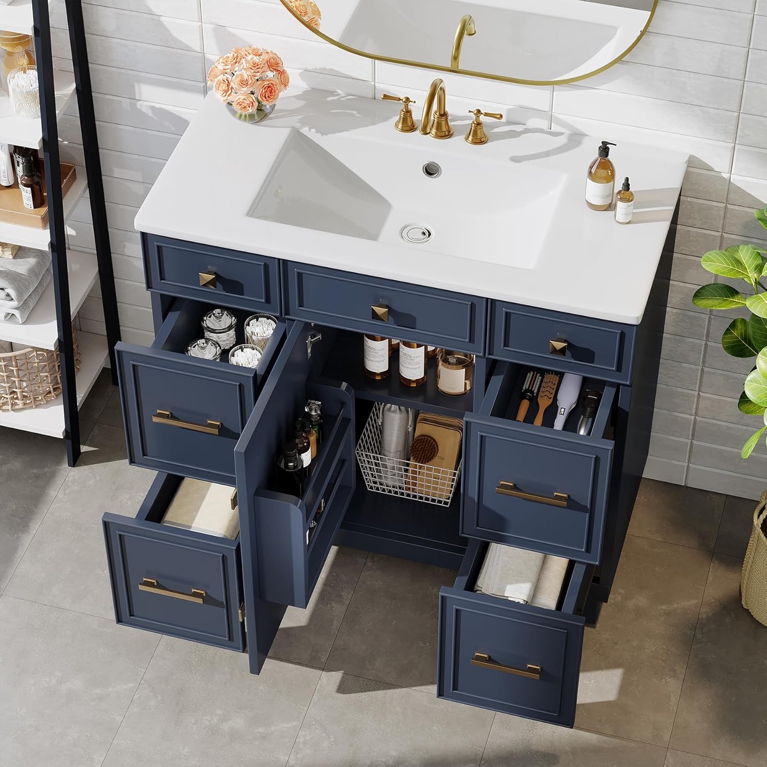 36 Inch Bathroom Vanity with Sink, Modern Bathroom Cabinet w/ 1 Door & 4 Drawers