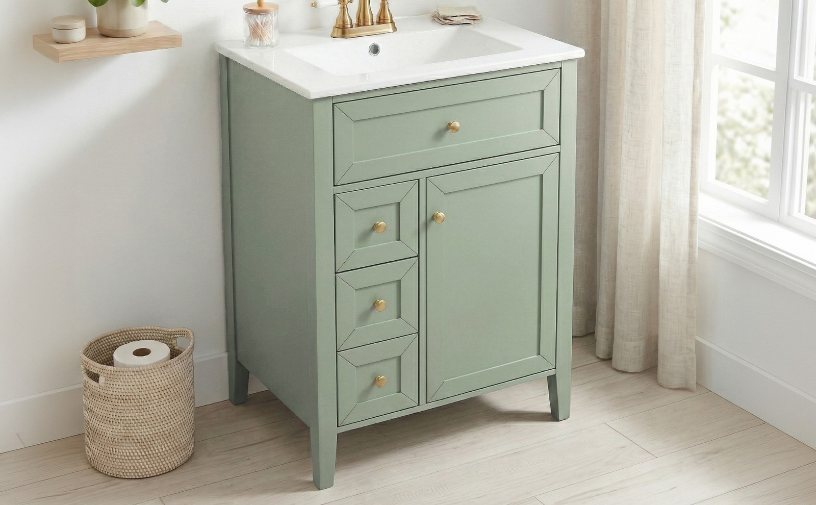 24″ Light Green Bathroom Vanity with Ceramic Sink and Storage Drawers