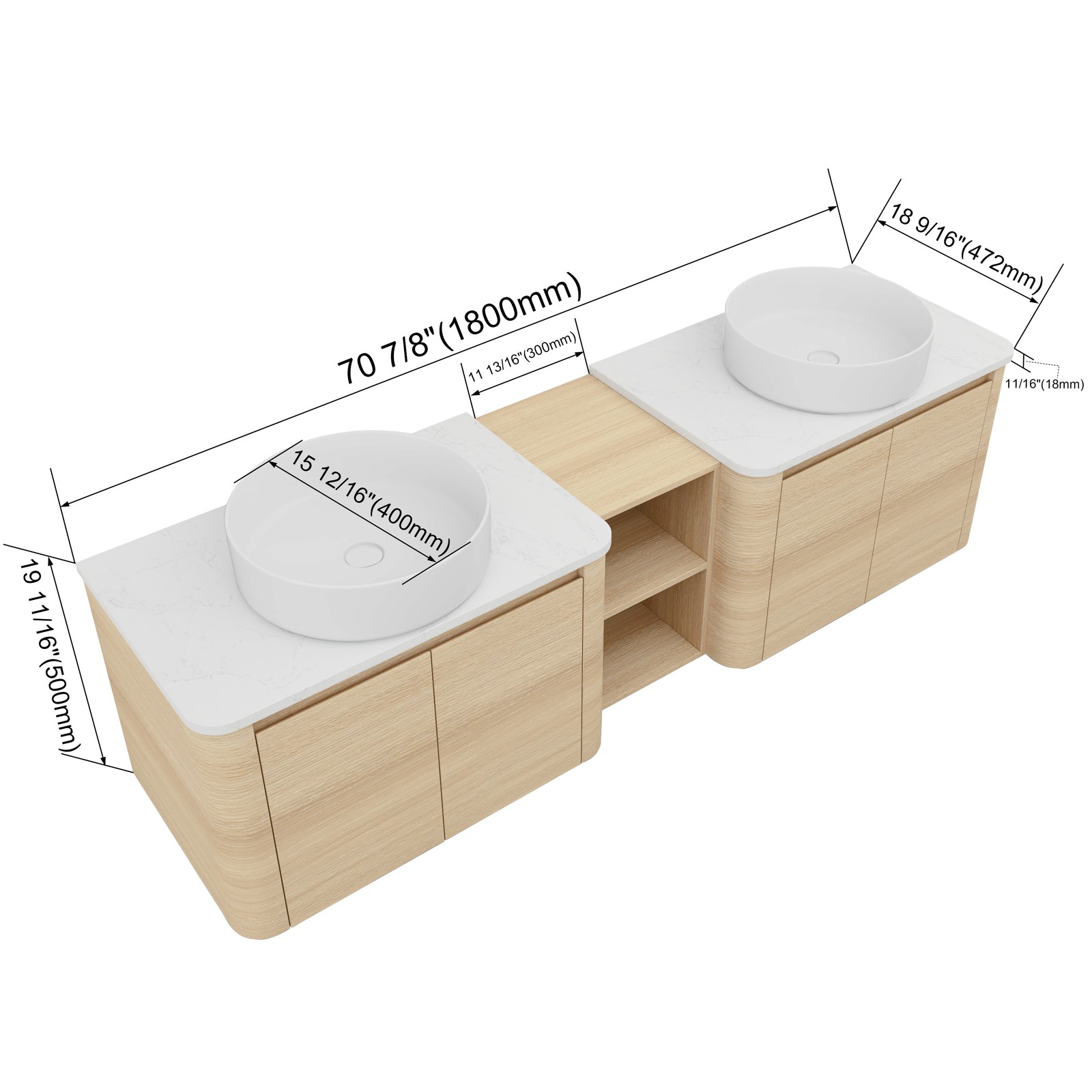 72″ Floating Bathroom Vanity W/ 2 White Ceramic Sink Stone Slab Top+Open Shelves