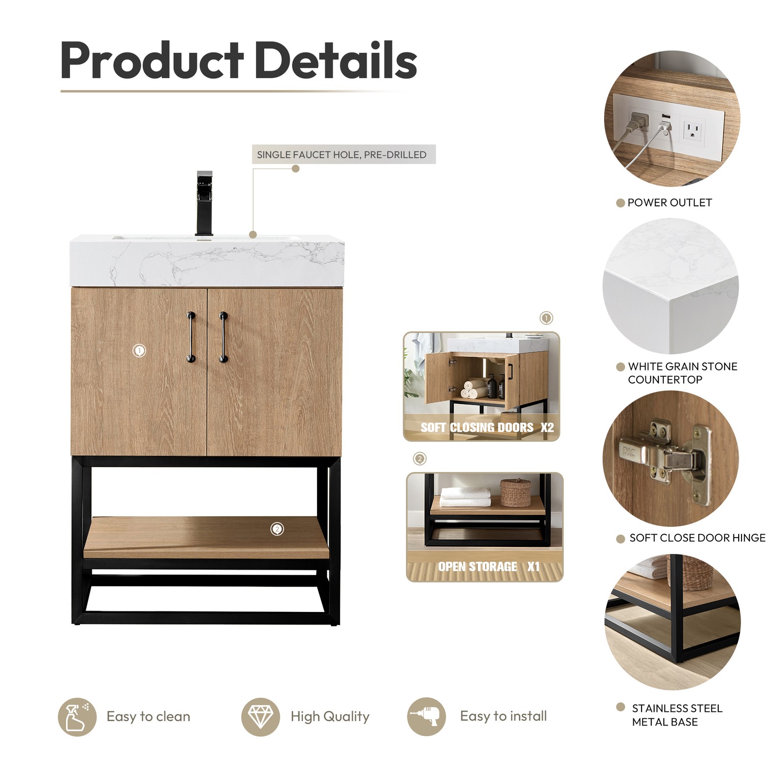 Vinnova Alistair 24″ White Stone Top Oak Single Vanity Black Frame w/o Mirror