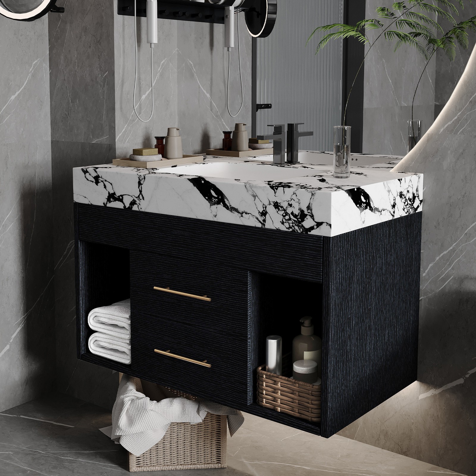 29.9″ Modern Floating Bathroom Vanity with Sintered Stone Top Ceramic Sink