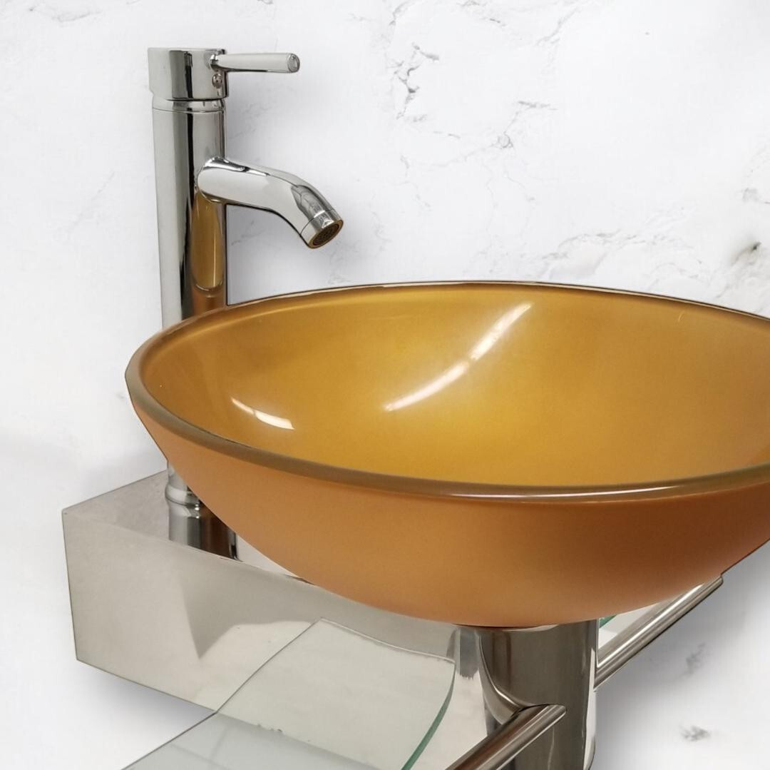 Modern Small Bathroom Pedestal Vanity Glass Bowl Vessel Mustard Gold Sink Combo