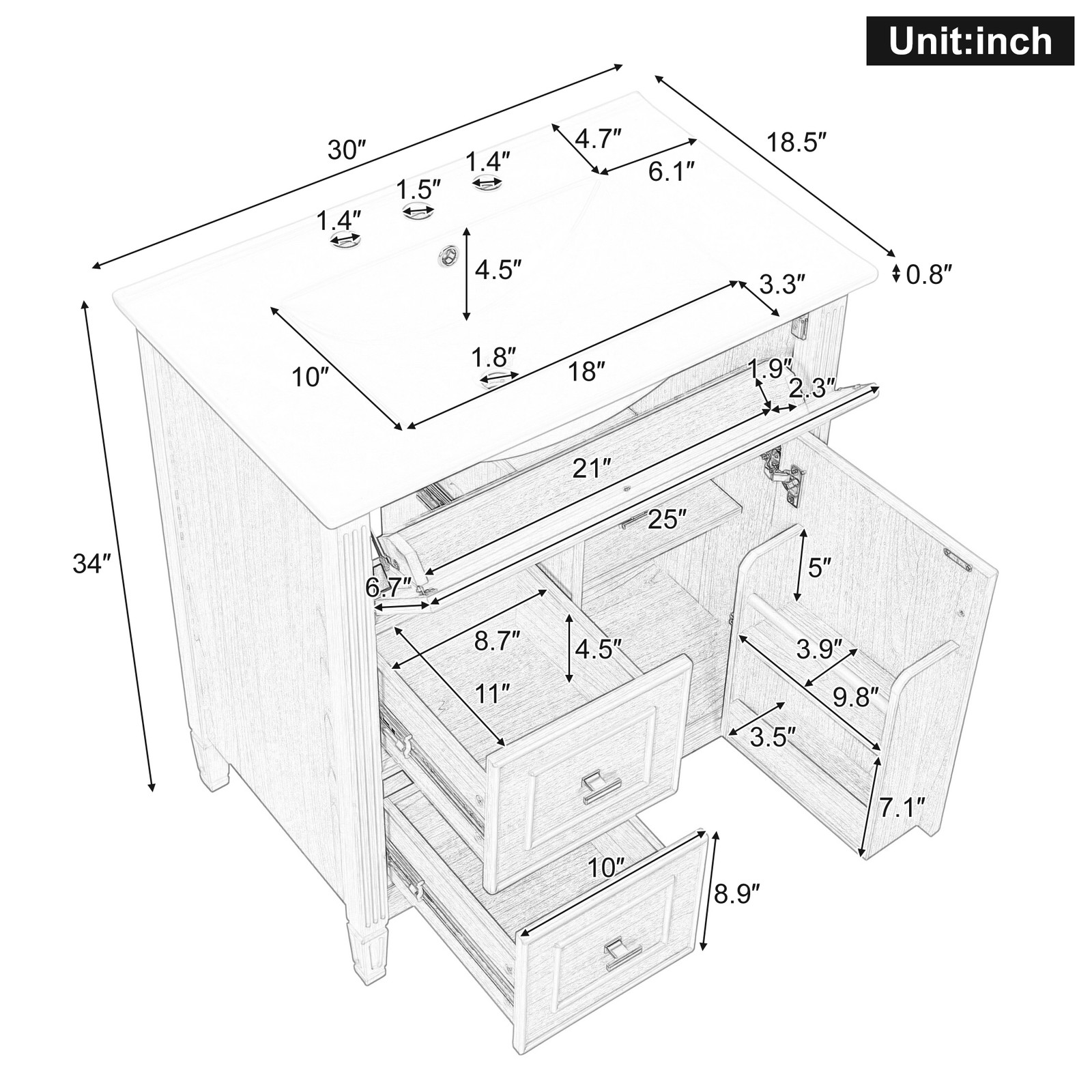 30″ Bathroom Vanity with Sink, Cabinet, Drawers, Solid Wood & MDF