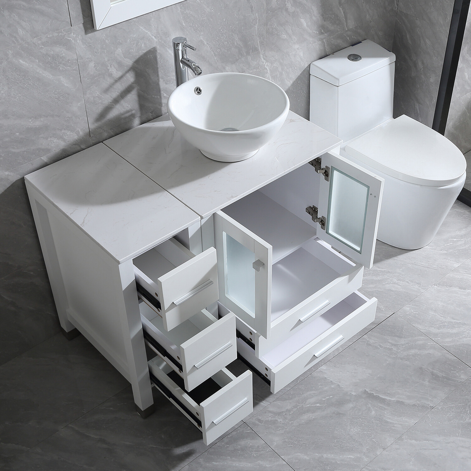 36″ Bathroom Vanity Cabinet Ceramic Vessel Sink Stone Top w/Mirror & Drain Combo