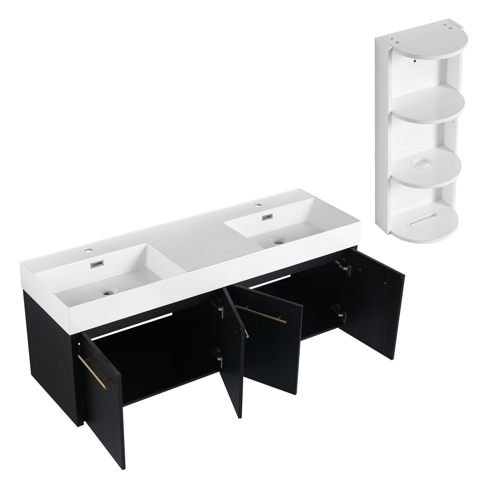 60 In Floating Wall-Mounted Bathroom Vanity Cabinet W/ Double Resin Top Basin
