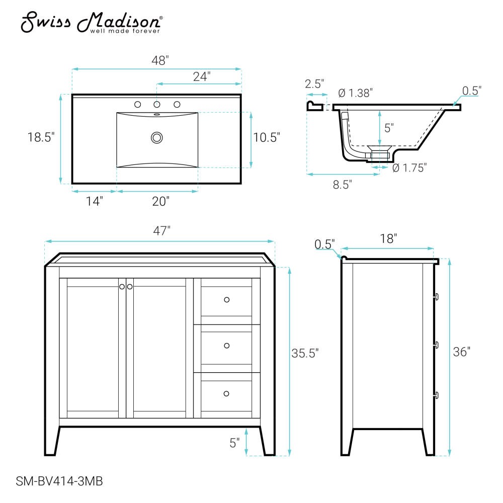 Swiss Madison SM-BV414-3MB Cannes 48″ – White / Matte Black